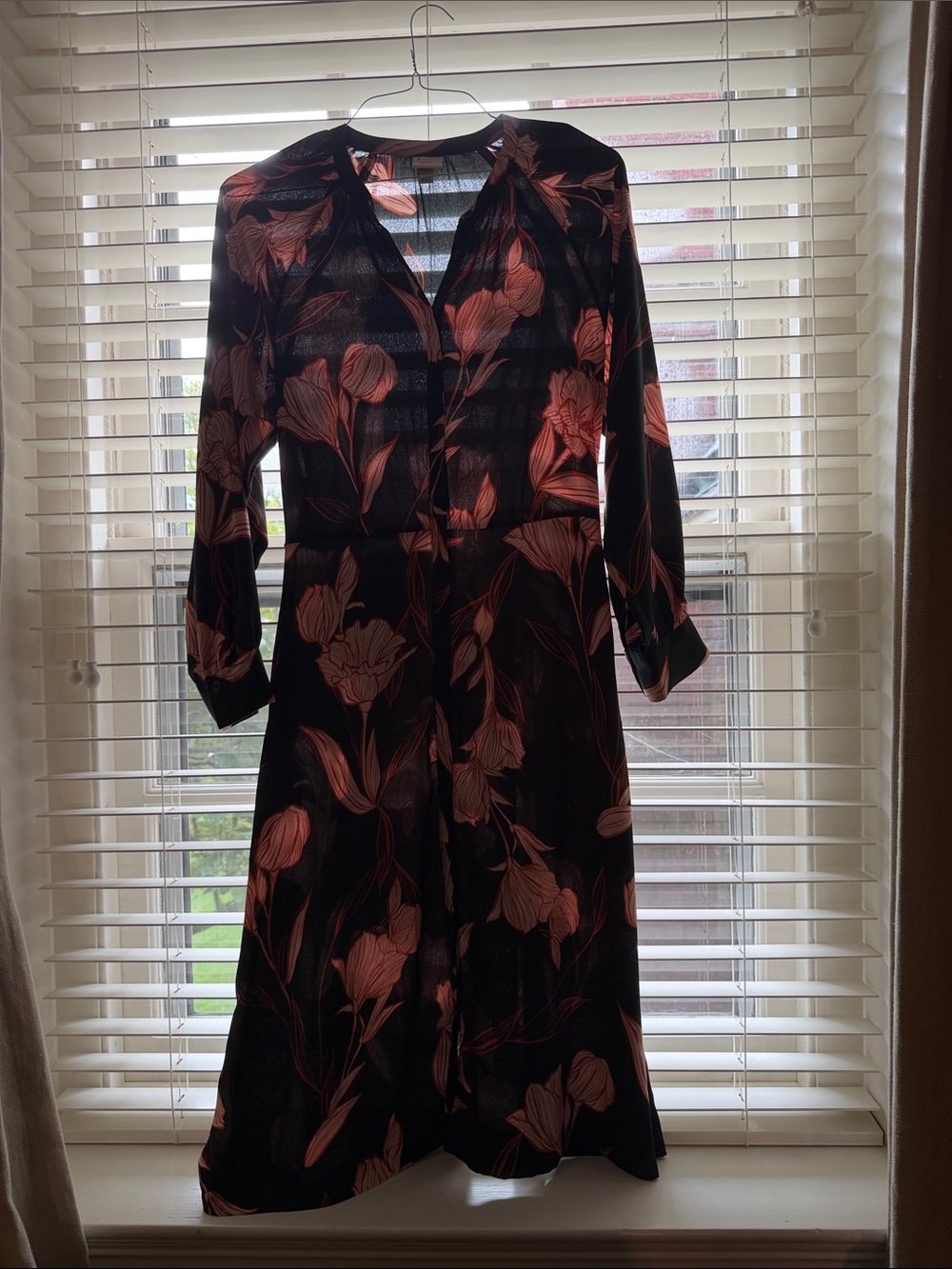a new day Black Dress with Coral Floral Print - Long Sleeve Midi